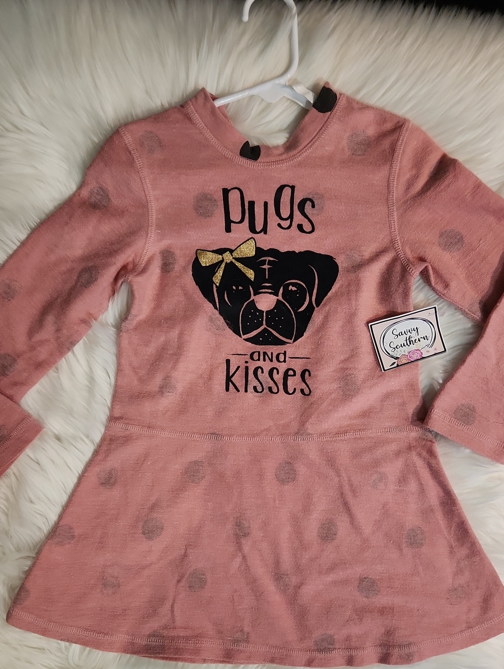 Girls Pink 'Pugs Kisses' Long Sleeve Reversable Dress - Size 4